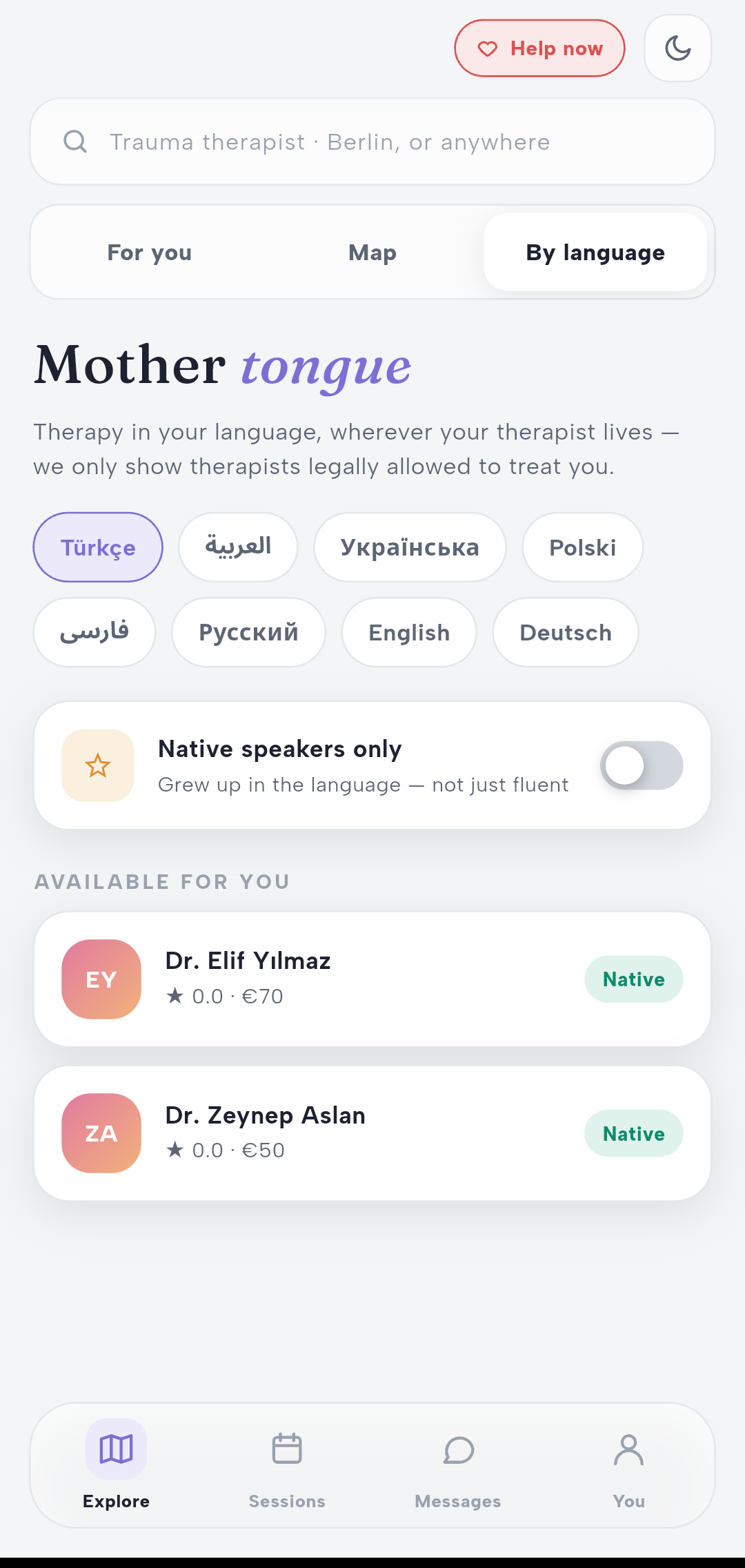 Zelavi's Mother tongue search — language chips and native-speaker filter